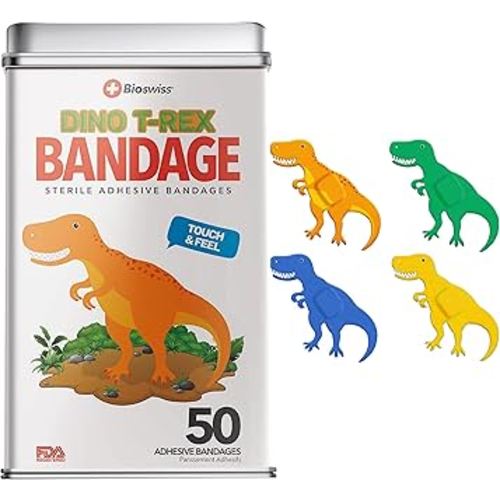 BioSwiss Kids Bandages, Dinosaur Shaped Self Adhesive Bandage Set, Latex Free, Sterile Wound Care, 50 Count