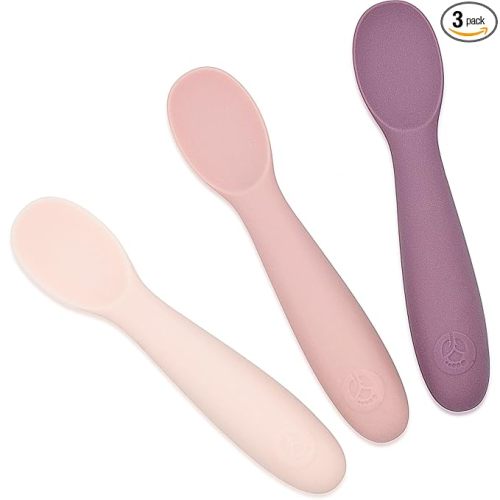 WeeSprout Baby Spoons for Self Feeding 6 Months +, Soft & Durable Silicone Utensils for Sensitive Gums & Teeth, Easy Grip Handles & Shorter Length for Little Hands, 3 Pack + Carrying Case