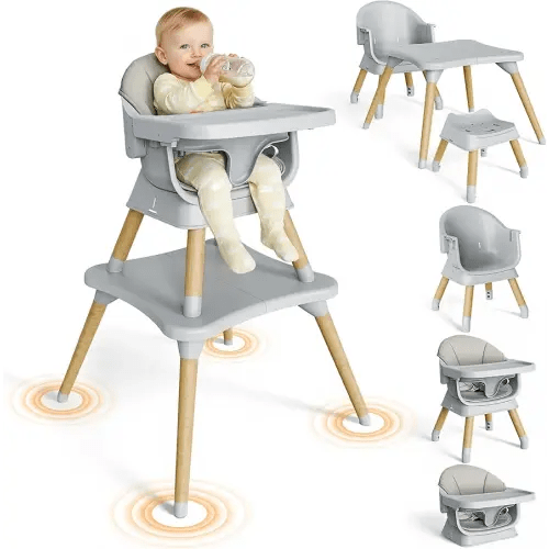 10-in-1 Baby High Chair Convertible Wooden Toddler Seat with Detachable PU Fabric Cover, Adjustable Tray, and 5-Point Safety Harness – Tool-Free Assembly, Suitable for 6 Months to 3 Years(Wood)