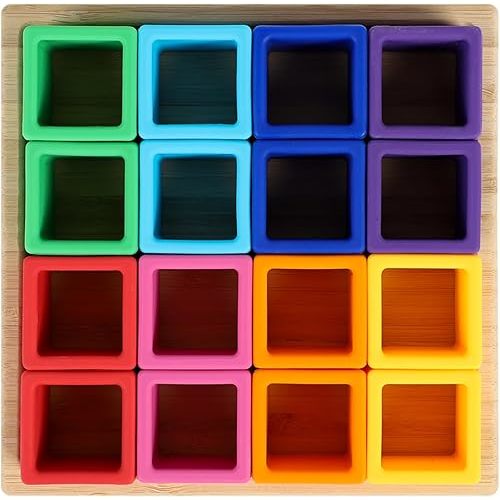 BLUE GINKGO Silicone Rainbow Blocks – [16 PC] Giftable Soft Blocks for Kids, BPA-Free Montessori Stacking Toy with Sorting Tray (Vibrant)