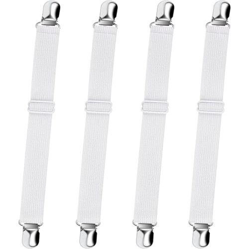 Bed Sheet Straps, Sopito Adjustable Elastic Fitted Sheet Corner Holders Straps to Stay in Place, Non-Slip Fasteners Clips Compatible for Crib to King Size Bed, White 4Pcs