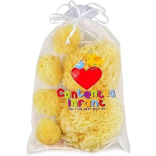 Real Sea Sponges for Babies - 6 Pk Bath Care Set, Gentle, Kind on Skin, for Bathing Washing Body Eyes, Ears Nose, Also for Newborn Toddler Kids; Baby Shower Spa Gift by Contented Infant®