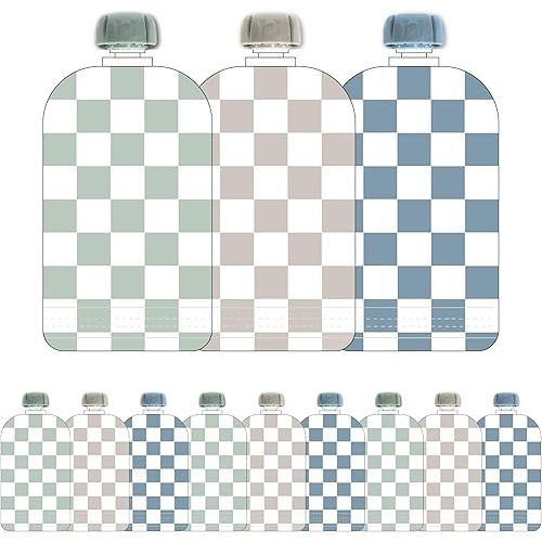 Hippypotamus Reusable Baby Food Pouches  - Dishwasher & Freezer Safe - Refillable 12 Pack (Checkered)
