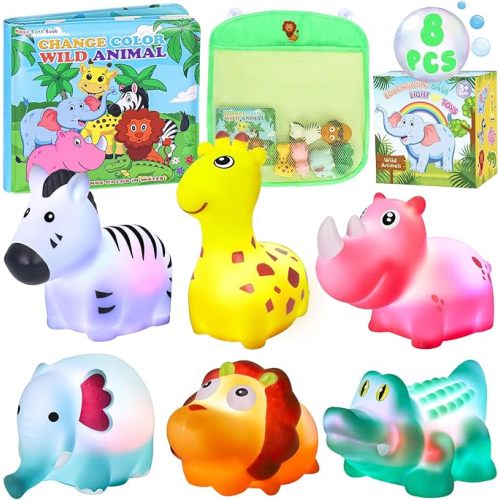 Light Up Bath Toys for Toddlers Kids Girls Baby, No Hole Glow Bath Toys with Bath Book & Organizer, Led Light Bath Time Water Toys for Bath Tubs Bathrooms Pool, Gift for Toddlers Girls Infants
