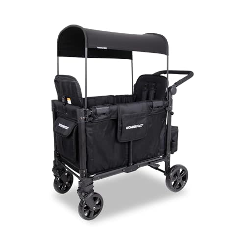 WONDERFOLD W2 Elite Pro Stroller Wagon (2 Seater) - Collapsible Wagon Stroller with Seats with 5-Point Harnesses, Adjustable Push Handle, and Adjustable Sun Canopy, Jet Black