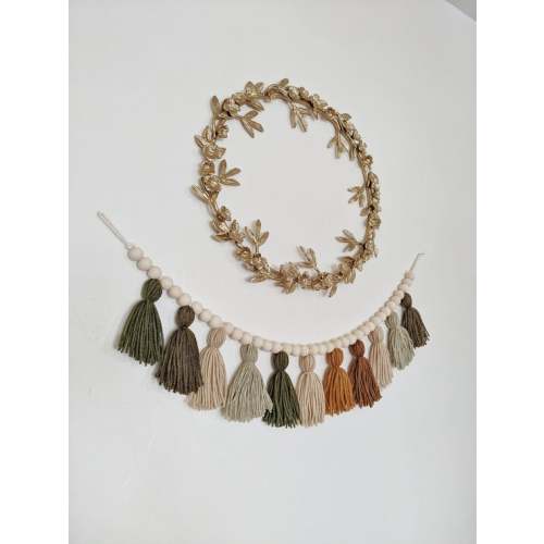 Olive Green and Neutral Yarn Tassel Garland With Wood Beads / - Etsy