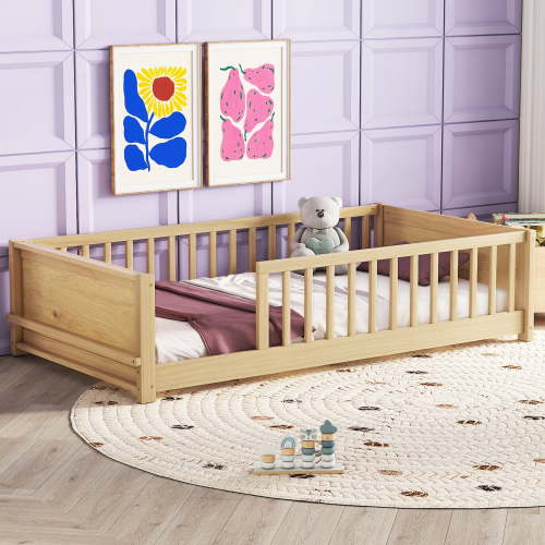 Alvantor Montessori Floor Bed Twin Size with Fence for Kids, Toddler Wooden Platform Bed Natural
