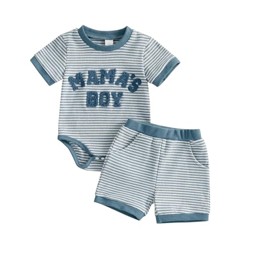 Onfmst Mamas Boy Baby Clothes​ Summer Newborn 3 6 9 12 Months Striped Waffle Knit Short Sleeve Romper Shorts Set Outfit