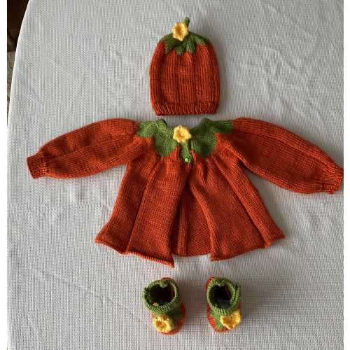 Pumpkin Baby Sweater, Hat, Booties