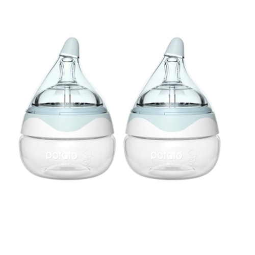 POTATO Glass Baby Bottles for Newborn Babies, Anti Colic Breastfeeding Bottle with Wide Neck, Slow Flow, 2pack, 2.5oz, Blue