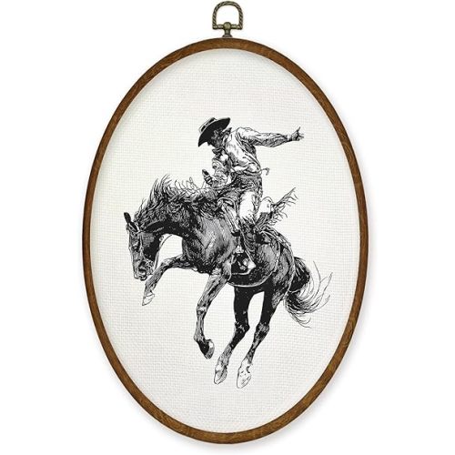 WULQYING Vintage Western Cowboy Wall Art Decor, Country Cowboy Rodeo Oval Framed Canvas Art Prints, Rustic Western Horse Wall Hanging Decor for Boys Home Bedroom Living Room, 8.6x11.4 Inches