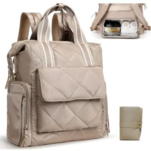 Diaper Bag Backpack Quilted Baby Diaper Bag Pañaleras Para Bebe Breast Pump Backpack for Working Moms with 11 Pouches,Large Insulated Cooler Compartment,Stroller Straps,Changing Pad,Khaki