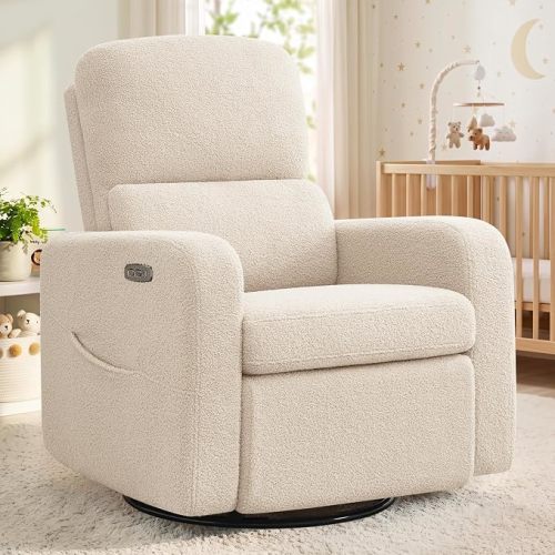 Power Swivel Rocker Recliner, Oversized Electric Boucle Recliner, Teddy Swivel Glider Nursery Reclienr with Soft Cushion, Upholstered Rocking Recling Chair for Living Room Bedroom, Apricot