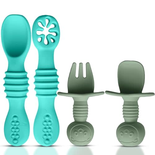 HippoBaby 4pc Silicone Baby Spoons Self Feeding Baby Utensils 6-12 Months - 3 Baby Spoon - 1 Baby Fork - Toddler Cutlery Set - BPA Free, Dishwasher Safe - Baby Eating Essentials (Turquoise/Pickle)