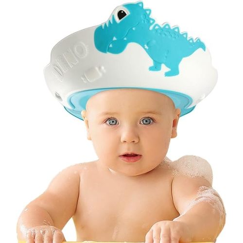 FUNUPUP Baby Shower Cap for Kids, Baby Bath Shampoo Visor Cap Hair Washing Shield Adjustable Silicone Bath Hat for Toddler Girls and Boys (Dinosaur,Blue)