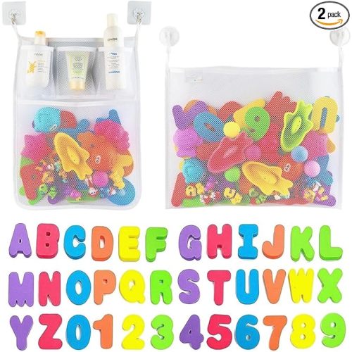 Comfylife 2 x Mesh Bath Toy Organizer + 6 Ultra Strong Hooks + 36 Bath Letters & Numbers – Eco-Safe, Fun, Educational Foam Letters and Perfect Toy Storage Net for Baby Bath Toys & More