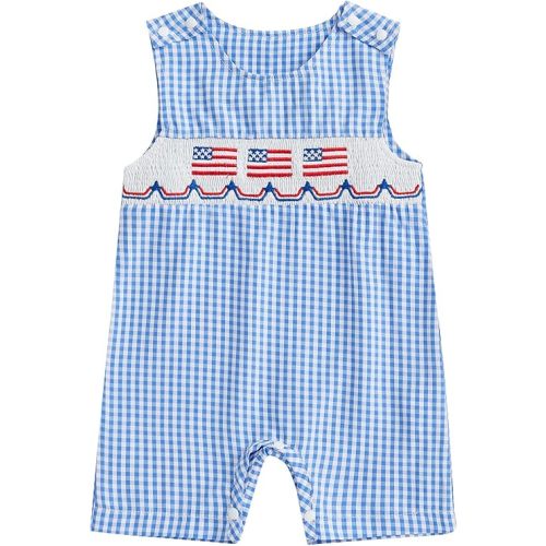 BeQeuewll 4th of July Baby Clothes Newborn Girl Boy Smocked Bubble Romper Flag Plaid Overalls Infant First 4th of July Outfit