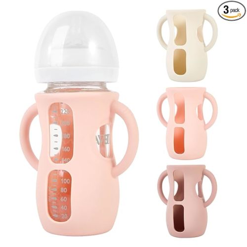 MINMUNJIU 3 Pack Silicone Sleeves for Philips Avent Natural Glass Baby Bottles, Anti Breakage Bottle Holder with Handle for Baby Girls, Compatible with Philips Avent Glass Natural Baby Bottle, 8oz