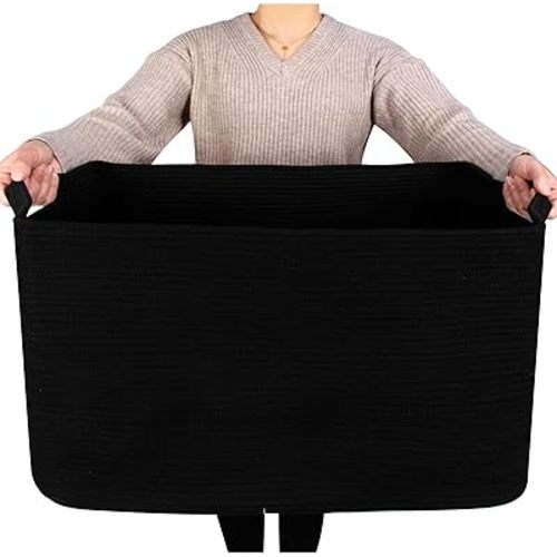 22in Extra Large Blanket Basket Holder Living Room, Rectangle Rope Woven Storage Basket with Handles for Laundry, Pool Towels, and Shoes, Dog Toy Organizer Bin Box, Full Black
