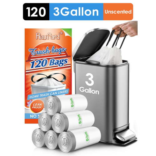 RayPard 3 Gallon, 120 Count, Strong Drawstring Trash Bags, Code C, Bathroom Restroom Bin Waste Basket Liners, White