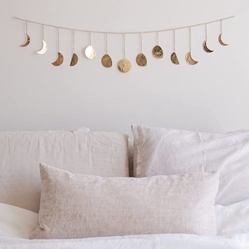 BASE ROOTS Moon Phase Wall Decor, Gold Wall Decor for Bedroom & Living Room, Boho Decor for Home, Handmade Hammered Metal 36" 13 Phases Moon Wall Decor, Bohemian & Celestial Wall Art for Women & Kids