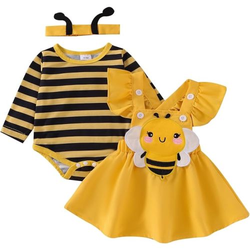 Tikoubabe Baby Girl Clothes Fall Winter Outfits Infant Dress Romper Suspender Skirt Headband 3Pcs 0-18 Months