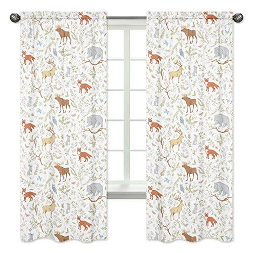 Sweet Jojo Designs Blue, Grey and White Woodland Deer Fox Bear Animal Toile Girl or Boy Bedroom Decor Window Treatment Panels - Set of 2