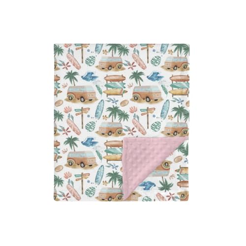 HawSkgFub Boho Beach Surfing Mink Baby Blankets Dotted Backing Girl Shower Gift, Summer Pink Surf Board Camper Van Double Layer Nursery Swaddle, Soft Newborn Infant Toddler Bed Crib Bedding 30 x 40