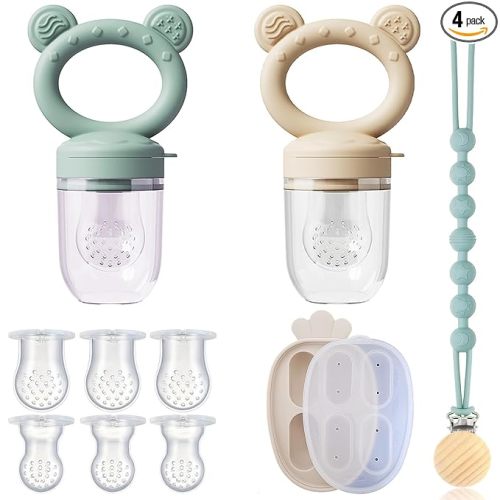4 Pack Stylish Anti-Drop Baby Fruit Feeder & Breastmilk Popsicle Molds for Teething with Lids, The Perfect Food Feeder, Teether Pacifier, Easy-to-Clean Silicone Feeder Teethers, Extra Silicone Clips