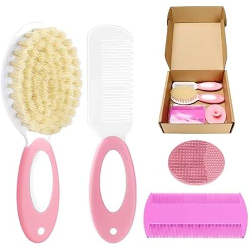 Baby Hair Brush and Comb Set, 4Pcs Baby Soft Bristles Brush Cradle Cap Brush Hair Comb for Newborns Toddlers Boys Girls (Pink)