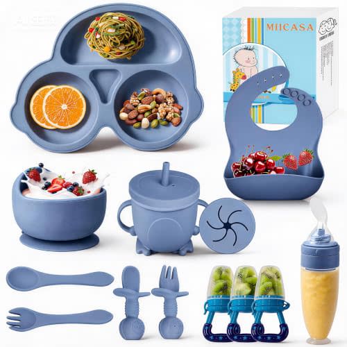 Silicone Baby Feeding Set,Miicasa Baby Led Weaning Supplies Kit With Suction Bowl & Car Plate, Bib, Spoon, Fork, Cup - Food-Grade Silicone, Dishwasher-Safe, No BPAs - For 3+ Months