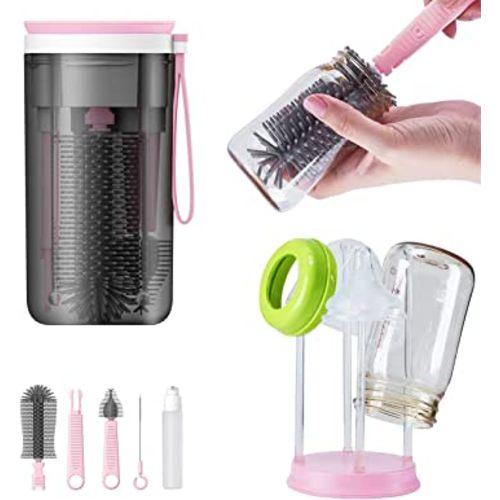 Baby Bottle Drying Rack for Travel,Portable Drying Rack and Bottle Brush Set for Working Mom, Visit Families, Friends or Camping,Pink