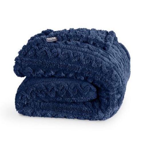 Cozy Faux Shearling Bed Blanket by Bare Home - Throw, Dark Blue - Cable