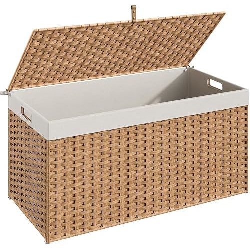 HOOBRO Storage Basket with Lid, 52.8 Gallon (200L) Wicker Basket, Handwoven Blanket Storage Basket with Handles, Metal Frame and Soft Lining, Foldable for Bedroom, Laundry Room, Natural NL220CW01