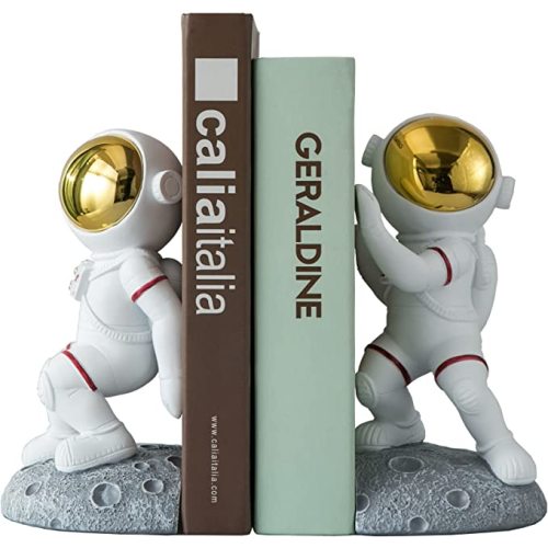 Space Theme Bookends for Shelves, Astronaut Moon Book Ends for Kids Room, Decorative Planet Book Stoppers to Hold Books Heavy Duty, Unique Boys and Girls Gift (Gray)