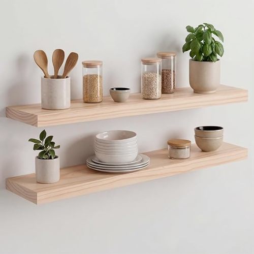 Homeforia 30 inch Natural Floating Shelf, High End Solid Real Wood 30inch Small Floating Shelves for Wall Mounted, Natural Wooden Floating Shelves, Heavy Duty Bracket, 30 X 6.5 X 1.75 in, Set of 2