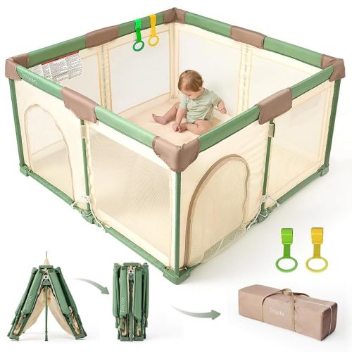 Tinyiota Foldable Baby Playpen, 50x50 Inch Portable Play Yard for Babies and Toddlers with Soft Breathable Mesh, Storage Bag & 2 Pull-Toy Handles for Indoor & Outdoor (Green, 50x50)