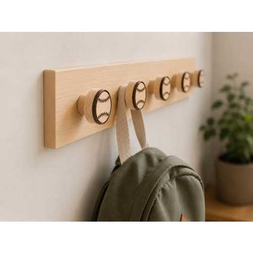 Decorative wooden hook with baseball motif - Wall hook for children's room - Baseball themed decoration
