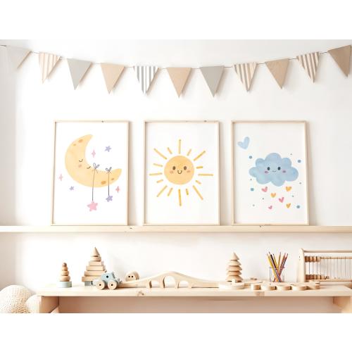 Celestial Sun Moon Cloud Nursery Prints Set of 3 – Baby Room Wall Art