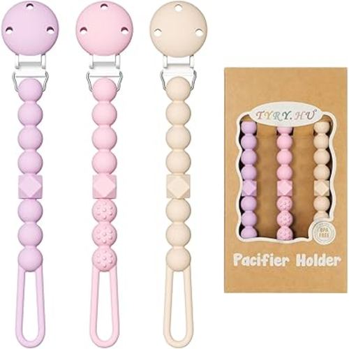 TYRY.HU 3 Pack Silicone Pacifier Holder Clip with One Piece Beads for Boys and Girls, Soft Flexible Pacifier Clip, Rust-Free Binky Clips with Texture, Keeps Pacifier Clean, Fits Most Pacifiers(Pink)