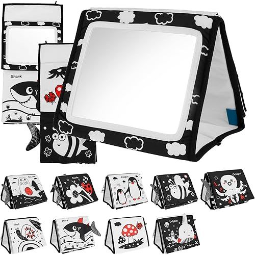 Montessori Tummy Time Floor Mirror Toy - 8 Pages Cloth Books Early Learning Baby Mirror for 0-12 Months (B)