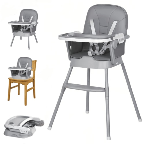 3 in 1 Baby High Chair Portable Infant Feeding Chair Convertible Booster Chair Seat with Removable Tray, Foldable Toddler Stools Attached to Table for Eating,PU Leather,for Infants to Toddlers,GREY