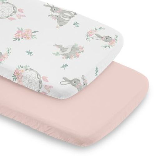 Sweet Jojo Designs Girl Baby Bassinet Fitted Sheets Set Bunny Floral Pink Green and Grey 2pc
