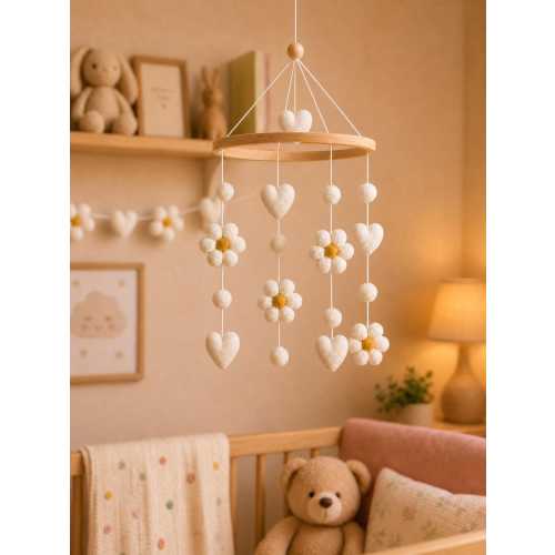 Whimsical Daisy & Heart Baby Mobile – Handmade Nursery Decor