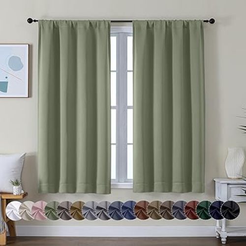 Simplebrand Ava Sage Green Short Blackout Curtains for Bedroom 45 Inches Long 2 Panels Set, Solid Thermal Insulated, Energy Saving Window Treatment Curtains Blackout Drapes, W40 x L45 Inch, Sage Green