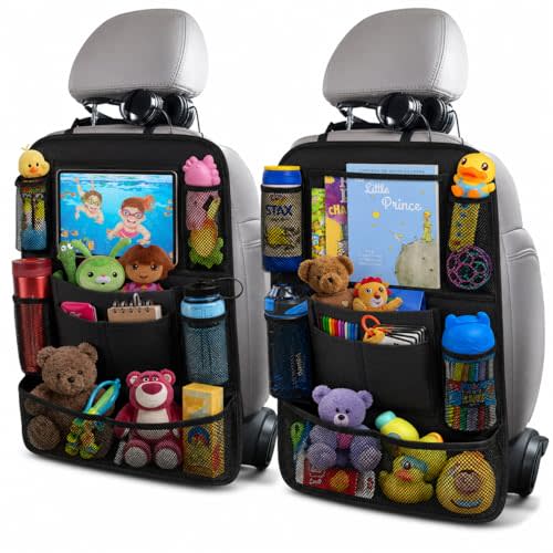 ULEEKA Car Backseat Organizer with 10" Table Holder, 9 Storage Pockets Seat Back Protectors Kick Mats for Kids Toddlers, Travel Accessories, 2 Pack