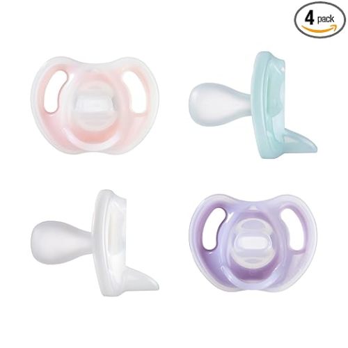 Tommee Tippee Ultra-Light Silicone Pacifier, 0-6 Months, Symmetrical One-Piece Design, BPA-Free Silicone Binkies, Pink/Purple/Green, Pack of 4