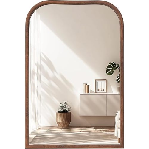 24"x36" Arch Wall Mirror Bathroom Mirror for Wall Mounted, Tempered Glass, Wood Grain Finish Frame Wall Mirror Decorative for Living Room Bedroom Entryway, Walnut