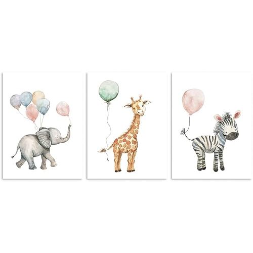 B BLINGBLING 3-Piece Watercolor Safari Animal Nursery Wall Art Set - Elephant, Giraffe & Zebra with Balloons Canvas Prints, Whimsical Gender-Neutral Kids' Room Decor for Toddler Bedrooms & Playrooms