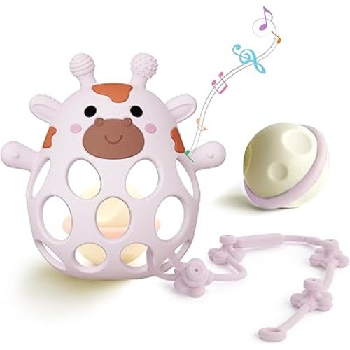 Giraffe Baby Teether with Toy Strap | 3 in 1 Teething Toy, Baby Rattle & Sensory Toy | Food Grade Silicone BPA Free | Baby Toys 0-6 Months | Teething Toys 3-6 Months | Infant Teether 6-12 Months